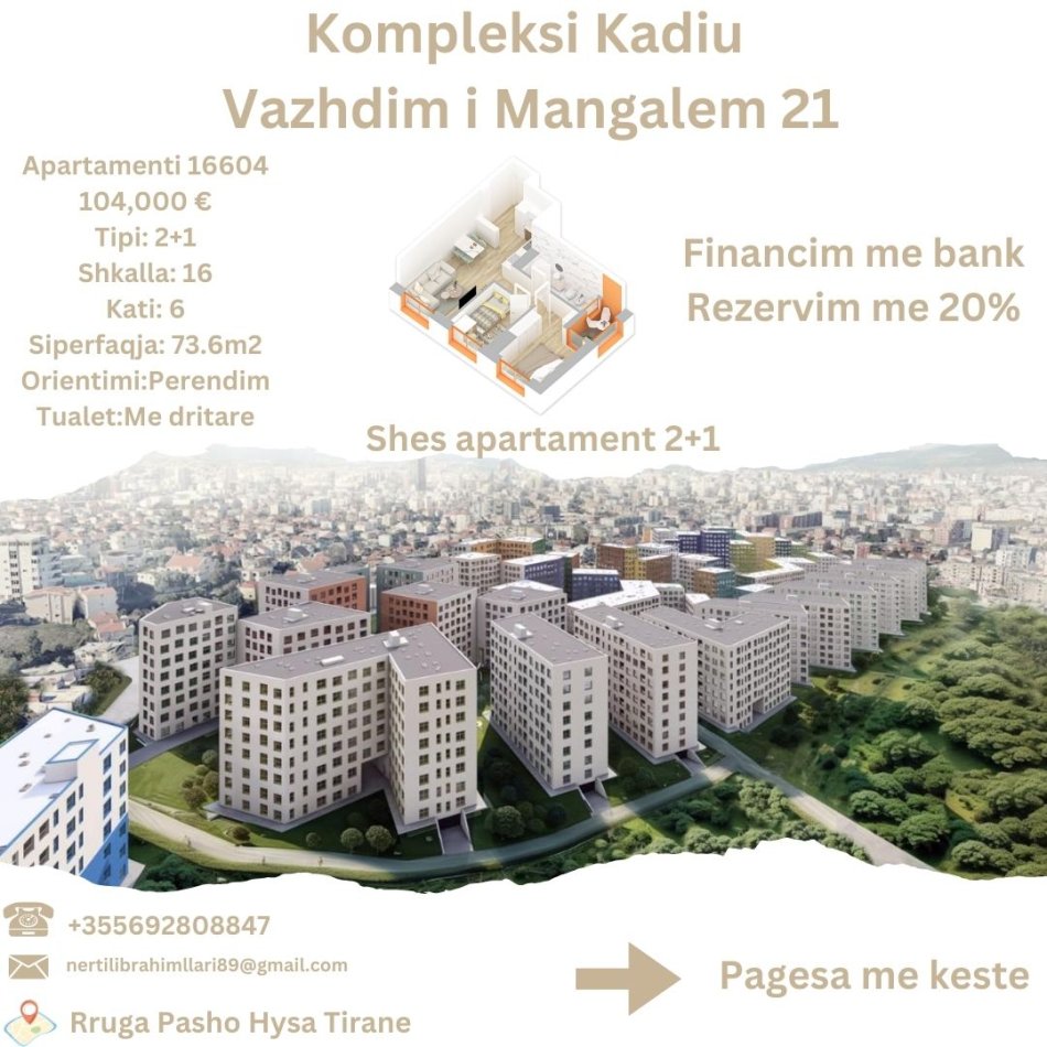 Tirane, shes apartament 2+1+Ballkon Kati 6, 74 m² 104.000 € (Rruga Pasho Hysa Tirane)