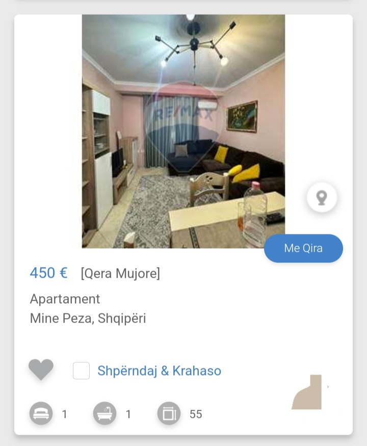 Tirane, jepet me qera 1+1 Kati 3, 55 m² 450 € (Mine Peza)