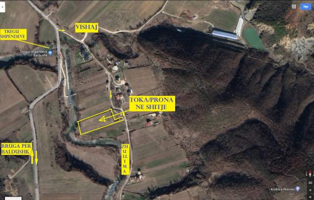 Tirane-Vishnje-Baldushk, Shitet Tokë, 6'632m², 40euro/m², në Vishaj 14-km (20min me auto) nga qendra Tiranës me kalim nga Sauku, Stërmas-Picalle-Vishn