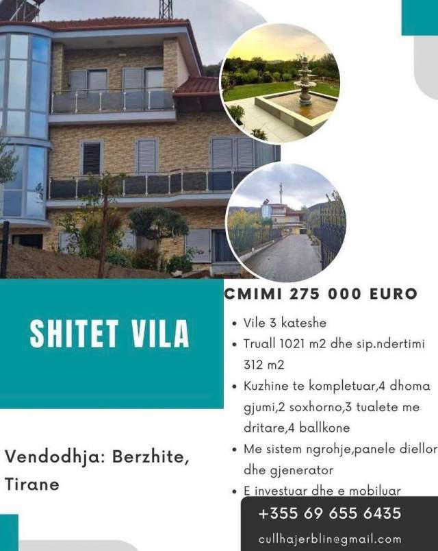 Tirane, shes Vile 3 Katshe 312 m²  OKAZION 275.000 Euro (Berzhite)