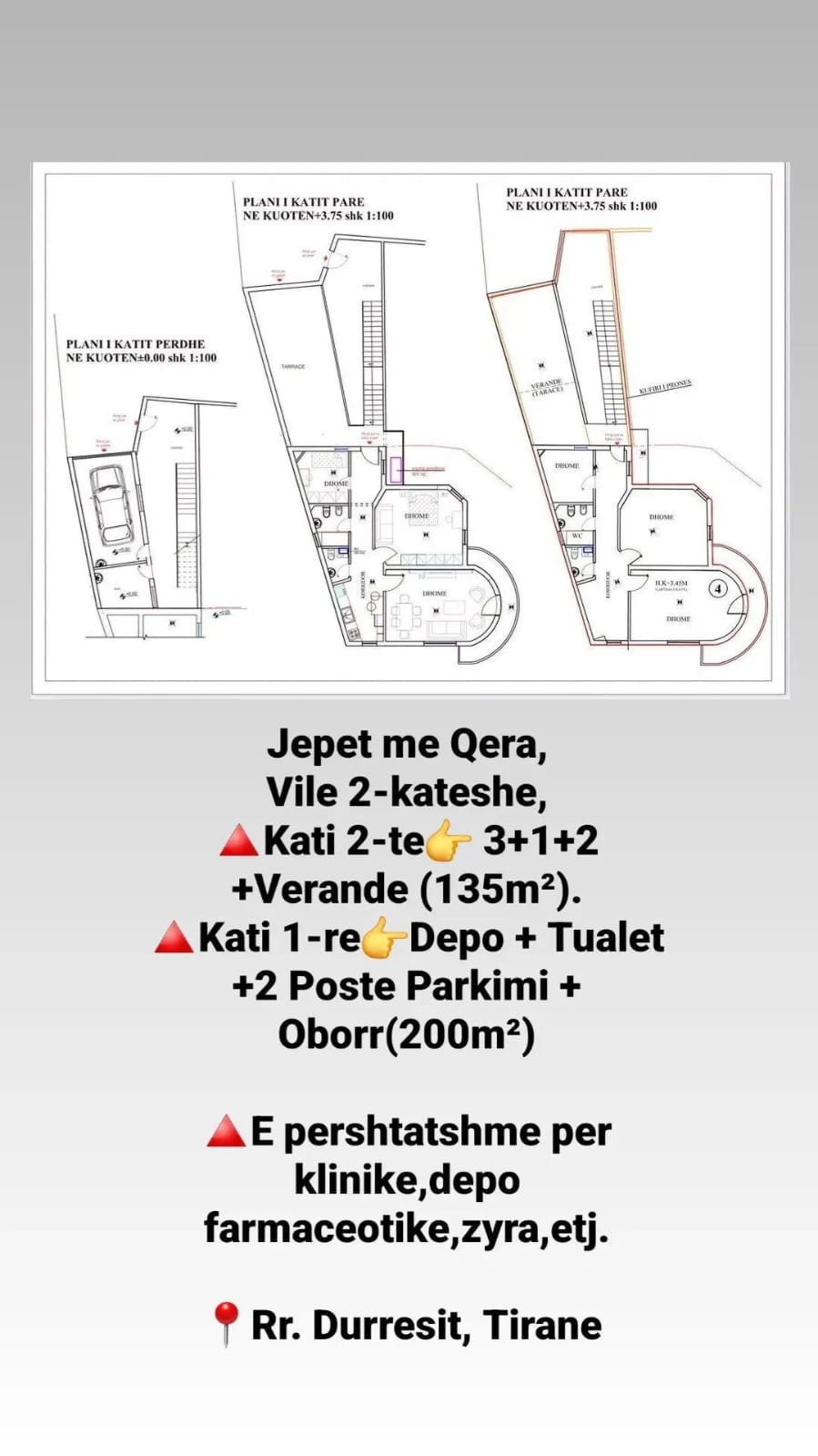 Jepet e qera Vile 2-kateshe, e pershtatshme per Biznes: Klinike, Depo Farmaceotike, Zyra etj