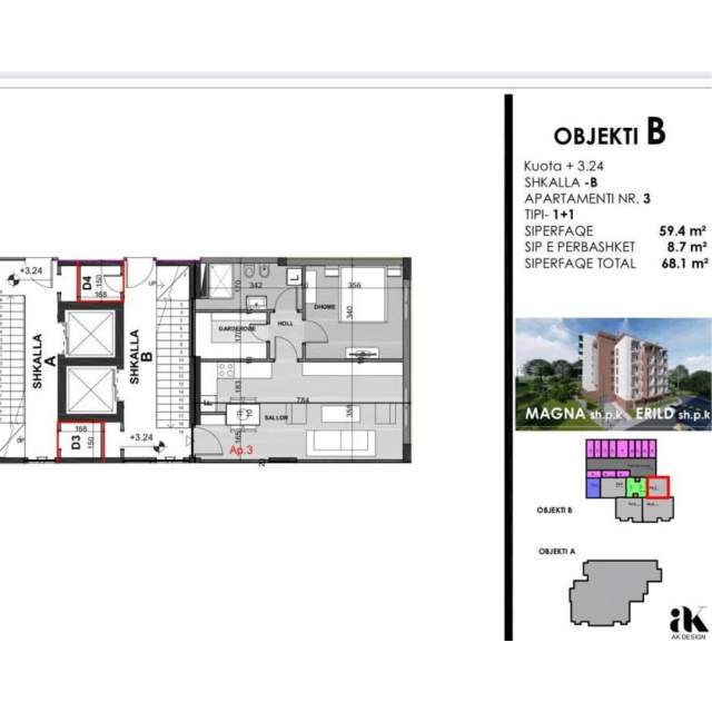 Tirane, shitet apartament 1+1+BLK 68 m² 1.100 Euro/m2