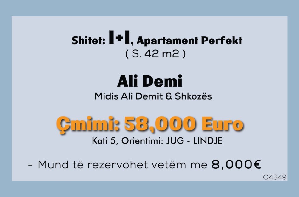 Shitet Ap. 1+1 Perfekt (Jug)  ( në Ali dem) 58,800€ - Pagesë me disa Këste ( Mundësi Financimi )