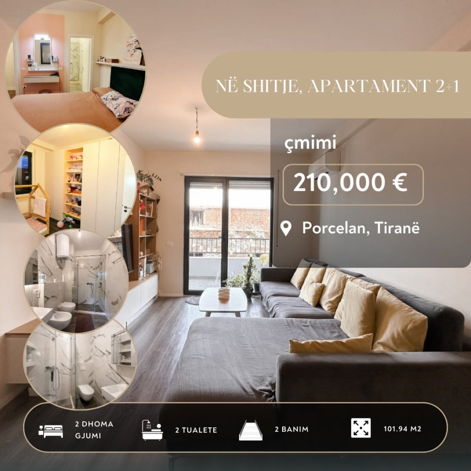 Tirane, shitet apartament 2+1 Kati 2, 102 m² 210.000 € (Porcelan)
