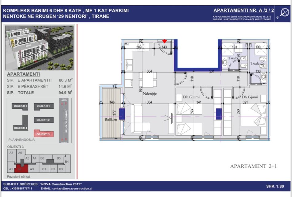 Tirane, shitet 2+1+Aneks+Ballkon Kati 3, 95 m² 110.000 € (RRUGA 29 NENTORI)