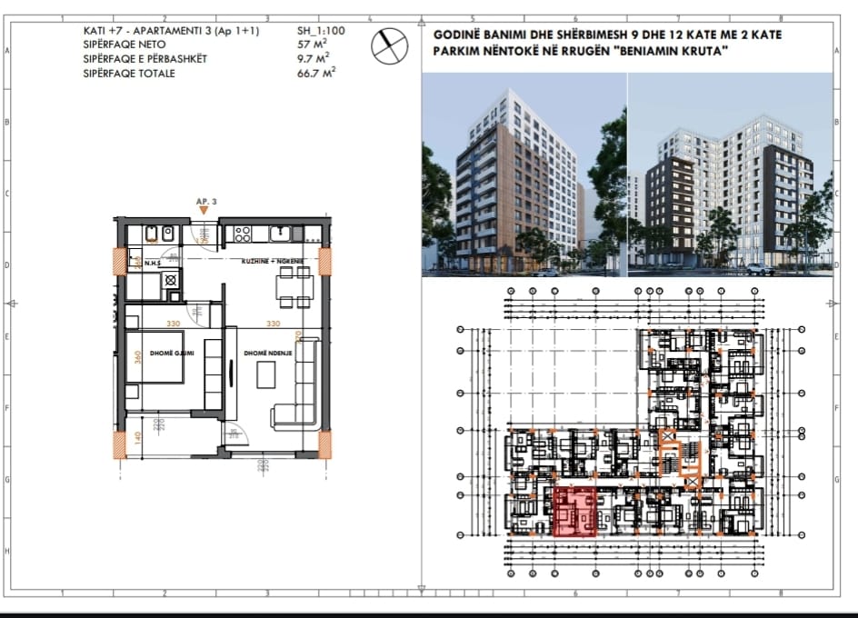 Tirane, shitet apartament 1+1+Ballkon Kati 7, 67 m² 86.710 € (fusha aviacionit)