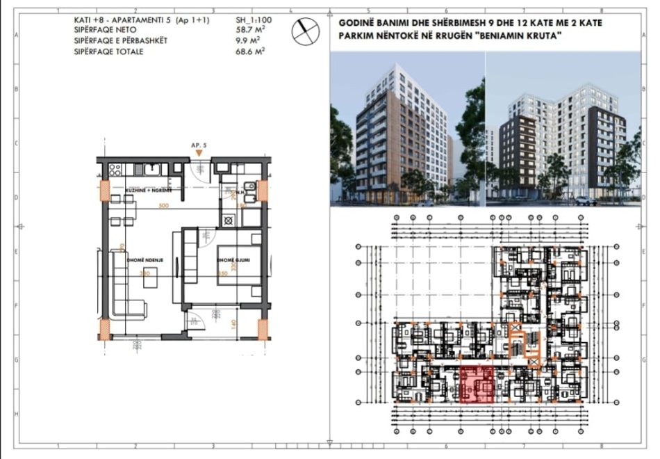 Tirane, shitet apartament 1+1+Ballkon Kati 8, 69 m² 89.180 € (fusha aviacionit)
