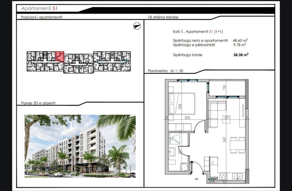 Durres, shitet apartament 1+1 Kati 3, 56 m² (Mali Robit)