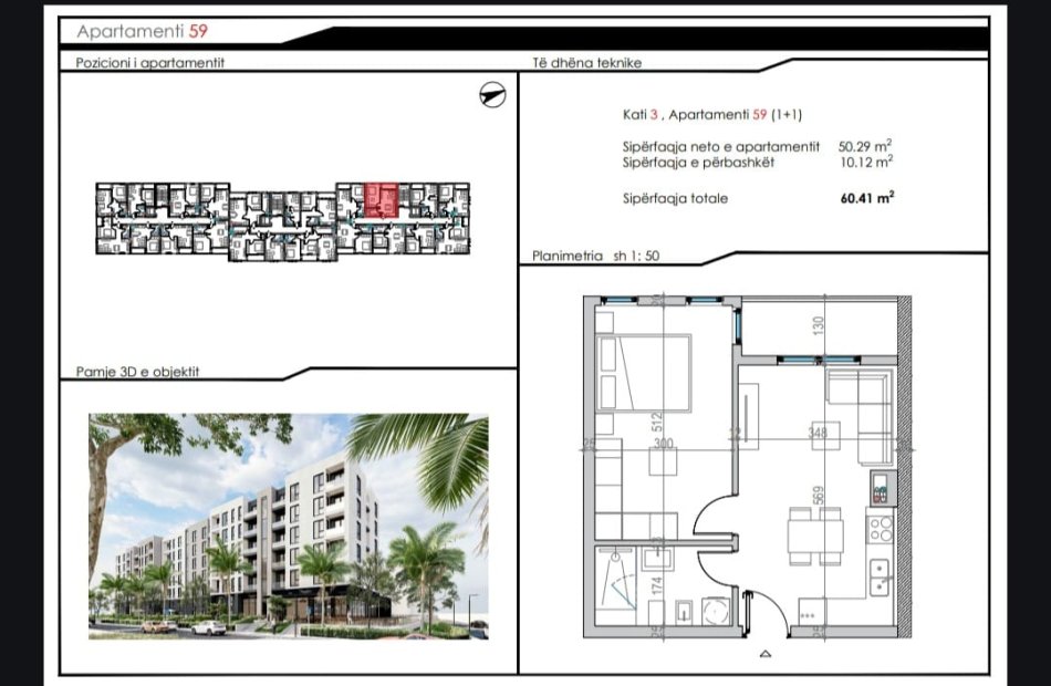 Durres, shitet apartament 1+1 Kati 3, 56 m² (Mali Robit)