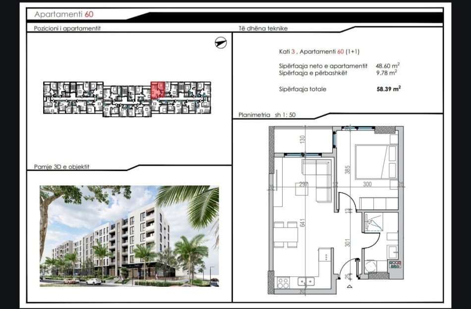 Durres, shitet apartament 1+1 Kati 3, 56 m² (Mali Robit)