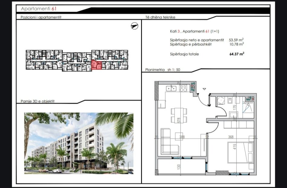 Durres, shitet apartament 1+1 Kati 3, 56 m² (Mali Robit)