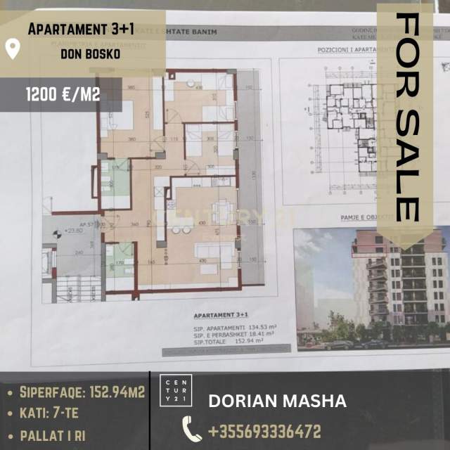 Tirane, shitet apartament 3+1+BLK Kati 7, 152 m² 1.200 Euro/m2 (Don Bosko)