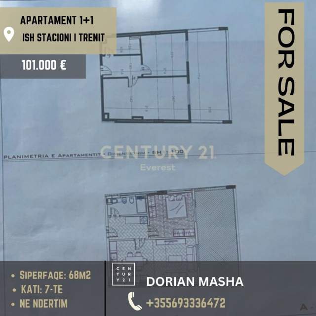 Tirane, shitet apartament 1+1+BLK Kati 7, 68 m² 101.000 Euro (Ish Stacioni i Trenit)