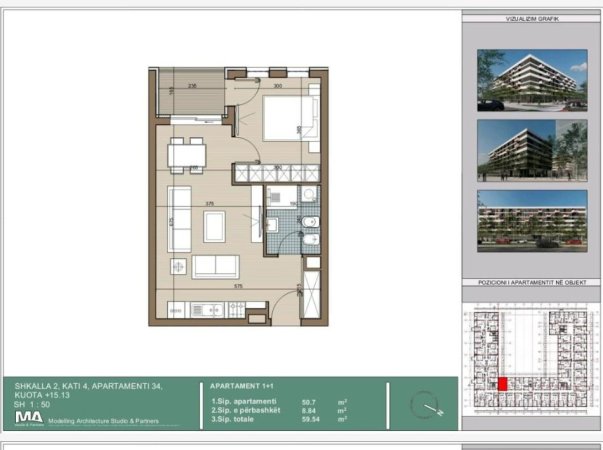 Tirane, shitet apartament 1+1 Kati 4, 60 m² 44.655 € (Rruga Berisha,Kamez)