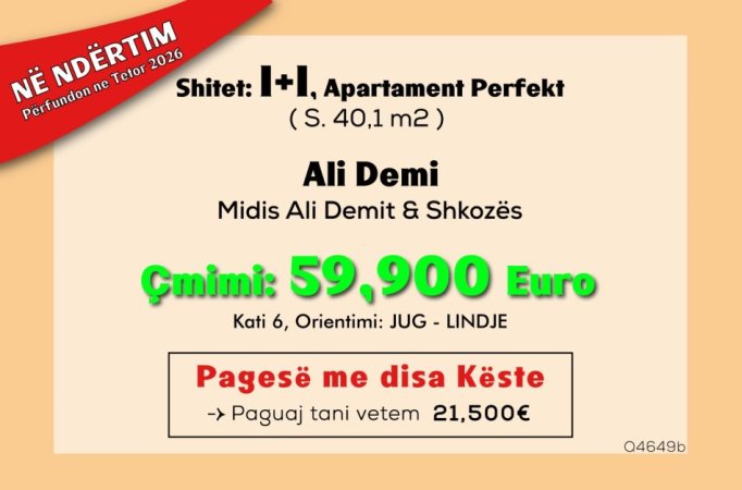 Shitet: 🔵 Apart. 1+1 (📍 Ali dem - Afër Mangalem 21) 59,900€ - Pagese me Këste ( Mundesi Financimi ) Paguaj Tani Vetem 21,500€✅