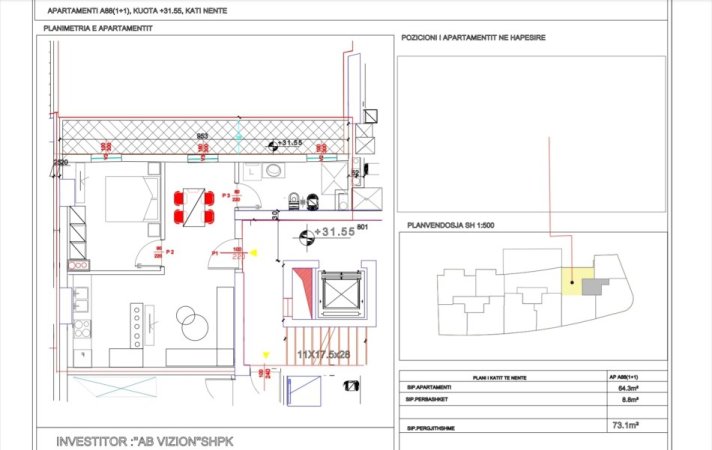 Tirane, shes apartament 1+1+Ballkon Kati 9, 73 m² 109.649 €