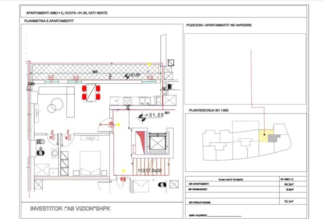 Tirane, shes apartament 1+1+Ballkon Kati 9, 73 m² 109.649 €