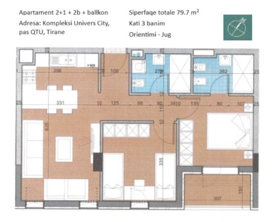 Tirane, shes apartament 2+1 Kati 3, 80 m² 88.000 € (ASTIR)