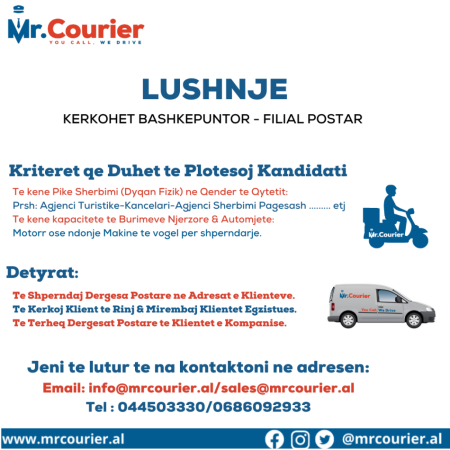 Lushnje, kërkoj Bashkepuntor si Perfaqesues te Sherbimeve Postare ne LUSHNJE !