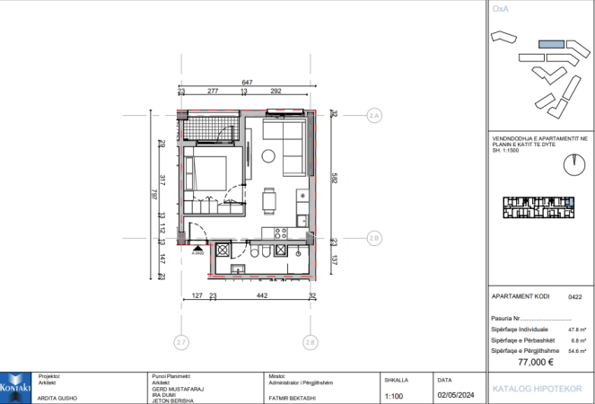 Tirane, shes apartament 1+1+Ballkon Kati 2, 55 m² 72.000 € 