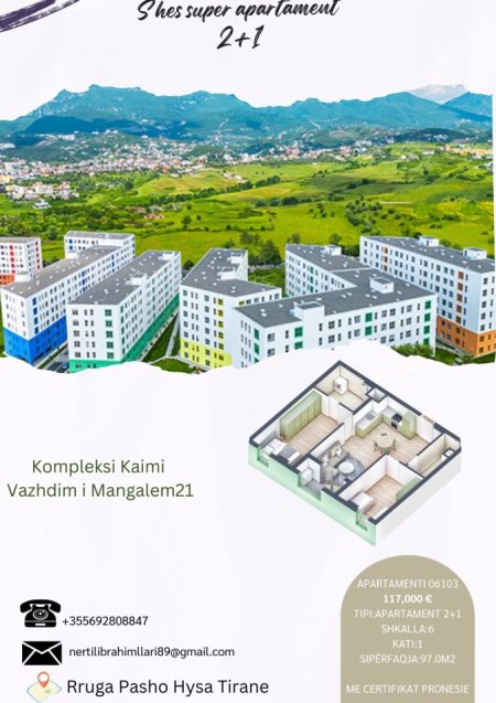 Tirane, shes apartament 2+1+Ballkon Kati 0, 97 m² 117.000 € (Rruga Pasho Hysa Tirane)