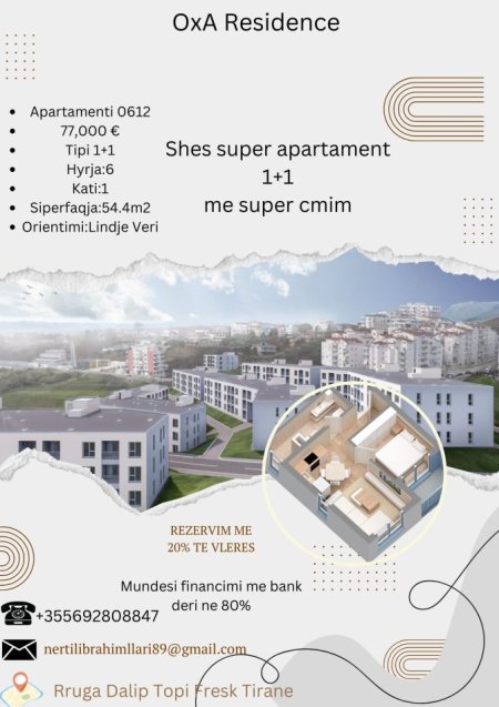 Tirane, shes apartament 1+1+Ballkon Kati 1, 54 m² 77.000 € (Rruga Dalip Topi Fresk Tirane)