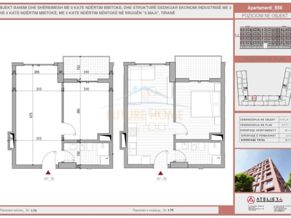 Tirane, shitet apartament 1+1+Ballkon Kati 5, 57 m² 76.545 € (RRUGA 5 MAJI)