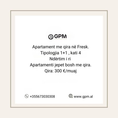 Tirane, jepet me qera apartament 1+1 Kati 4, 300 € (Fresk)