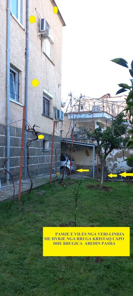 Tirane, Qera Shtëpi/Vile 3-kate, oborr  e bahçe, kat përdhes magazin, kati 2-të për gatim-ngrënie, ndënje, kati 3-të me 3-dhoma gjumi, qera 850€/muaj, në rr.Kristaq Capo e Abedin Pasha, si dhe rr.P.Budi, 200m pallati Grand/Todi Shkurti, 1.1-km nga Ura Elbasanit/Shkolla Baletit, 800m nga Ura Brrylit